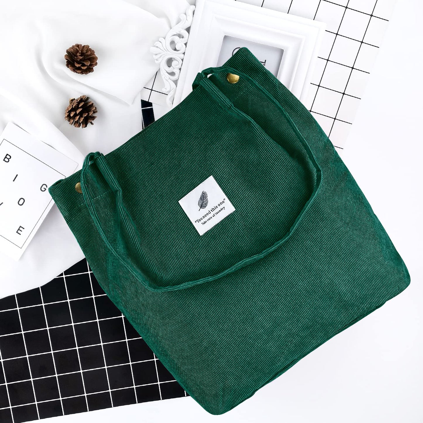 Ayieyill Corduroy Tote Bag for Women Canvas Shoulder Cord Purse with Inner Pocket