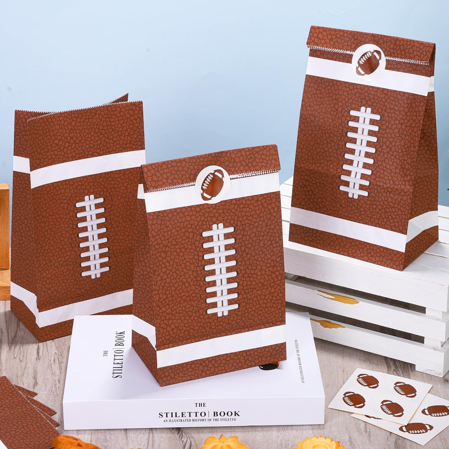 MIMIND 24 Pack Football Party Gift Bags 9.4 x 5.1 x 3.1 Inch Football Goodie Bags with Stickers Paper Treat Bag for Sports Bowl Theme Party Favors