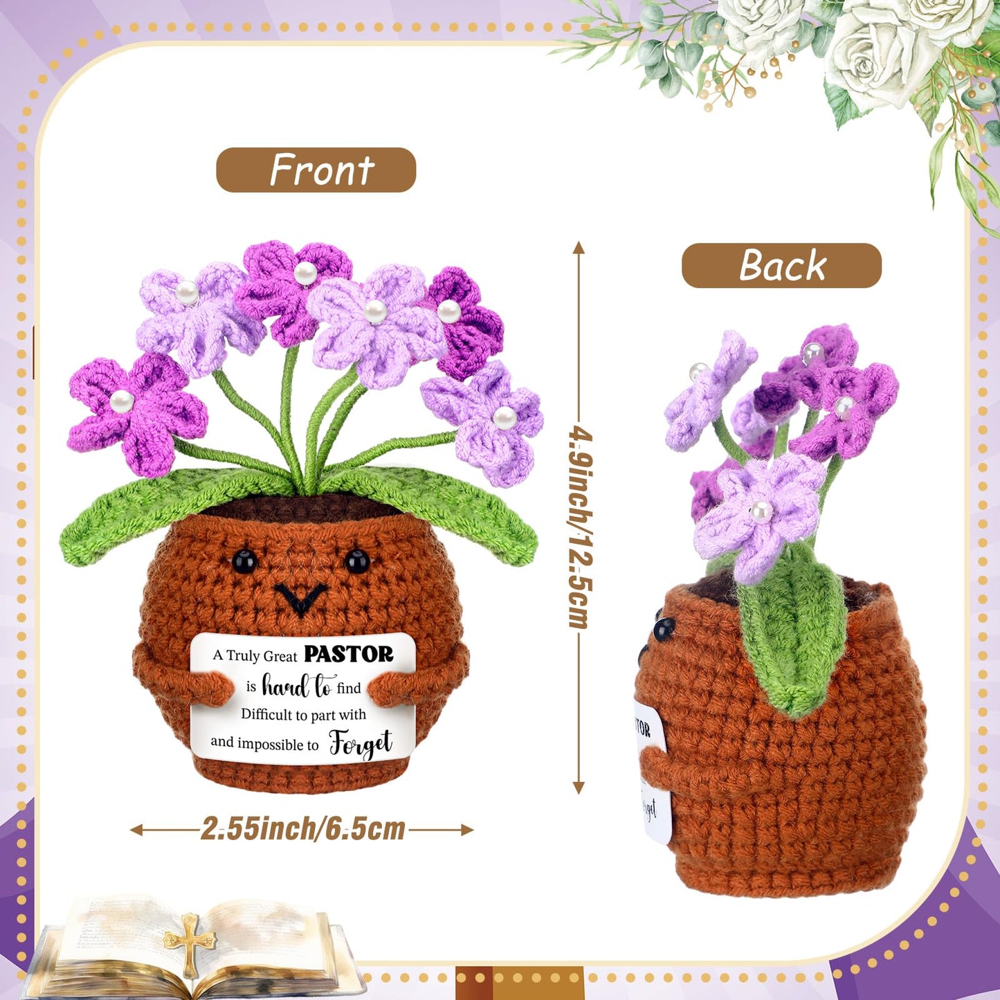 VitalCozy 5.12 Inch Pastor Appreciation Gift for Women Handmade Crochet Forget Me Not Flowers with Thank You Cards A Truly Pastor is Hard to Find Unique Gifts for Pastors Christmas Birthday