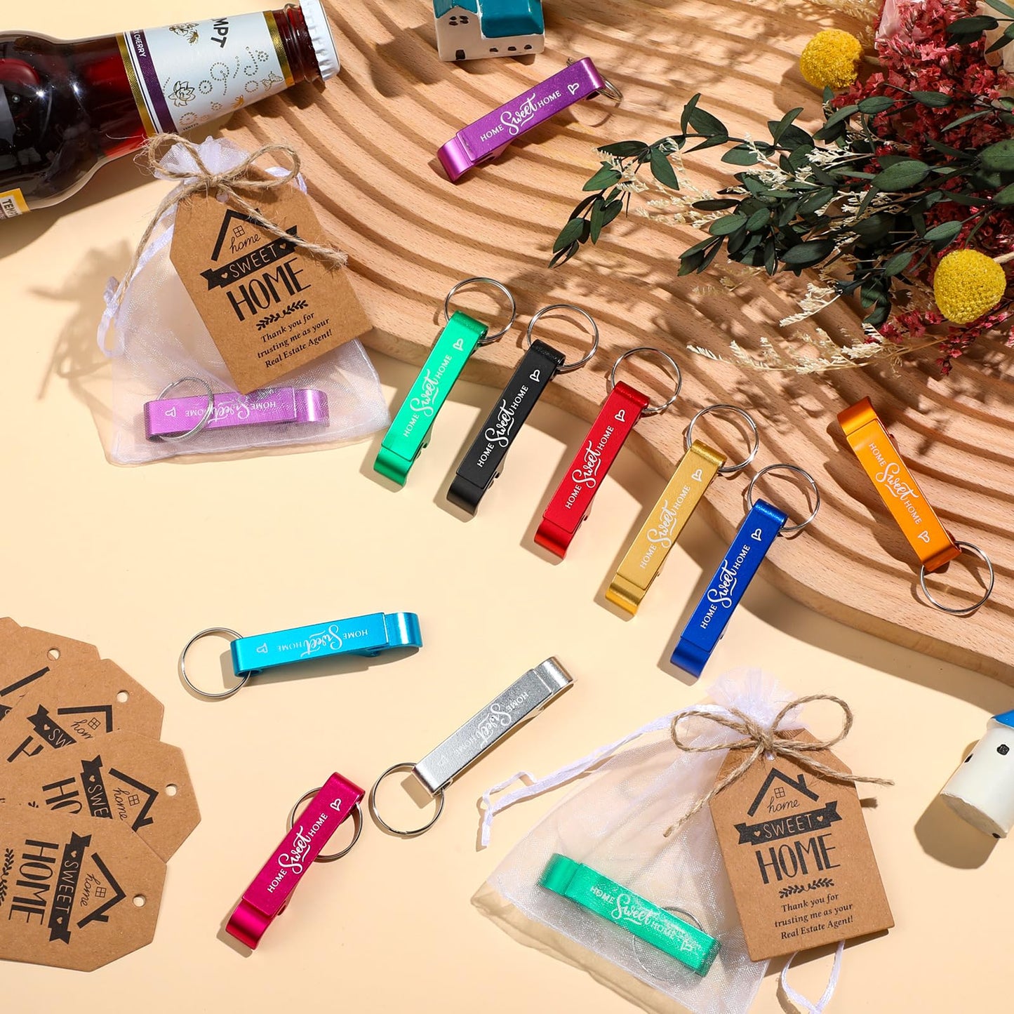 Tondiamo 20 Sets Estate Agent Gifts for Clients Bulk Home Sweet Bottle Opener Keychains Thank You Cards and Organza Bags Real Estate Agent Supplies Closing Gifts for Home Buyers