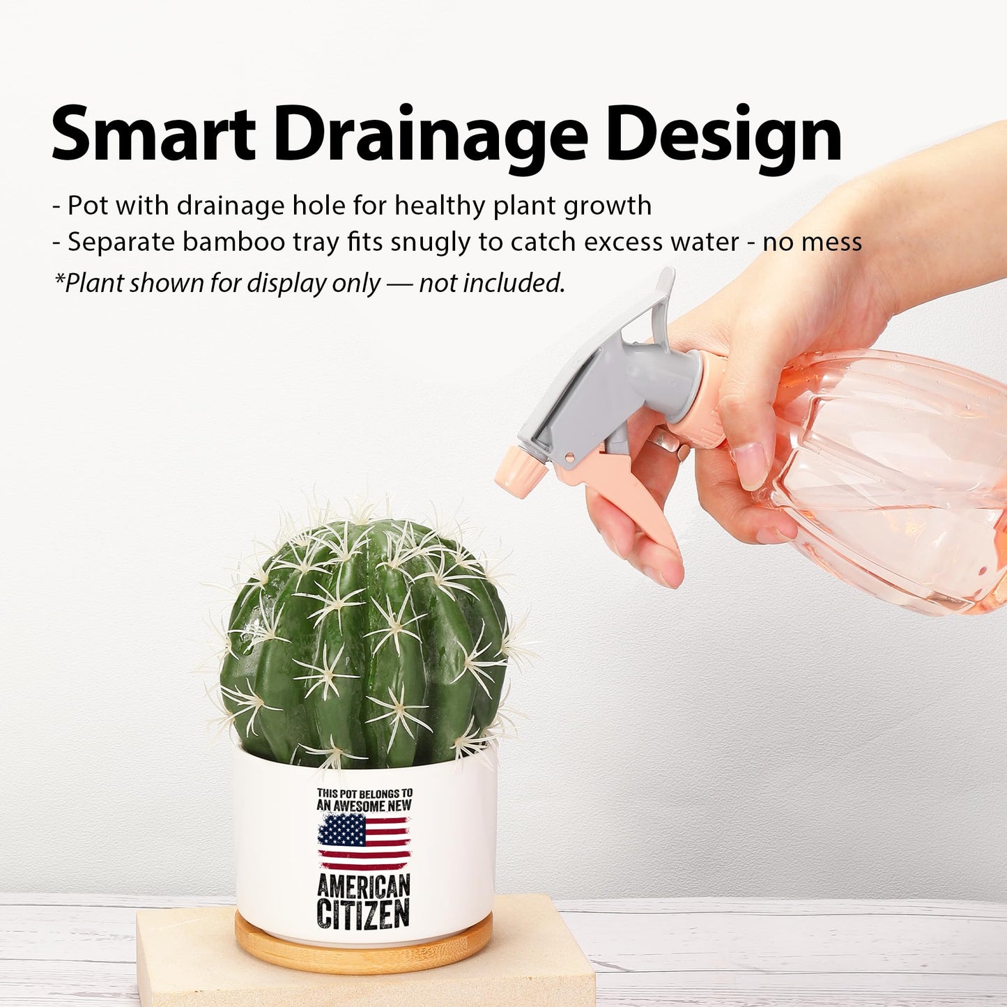 This Pot Belongs to an Awesome New American Citizen Ceramic Succulent Plant Pot with Bamboo Tray Round Citizenship Gifts American Flag Plant Lover Gifts Home Decor 3.5 Inch White (No Plants)