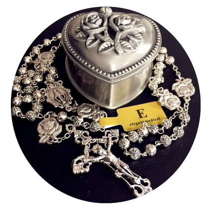 elegantmedical HANDMADE Silver rose beads Catholic 5 DECADE Rosary case Cross Gift Box Italy crucifix cross