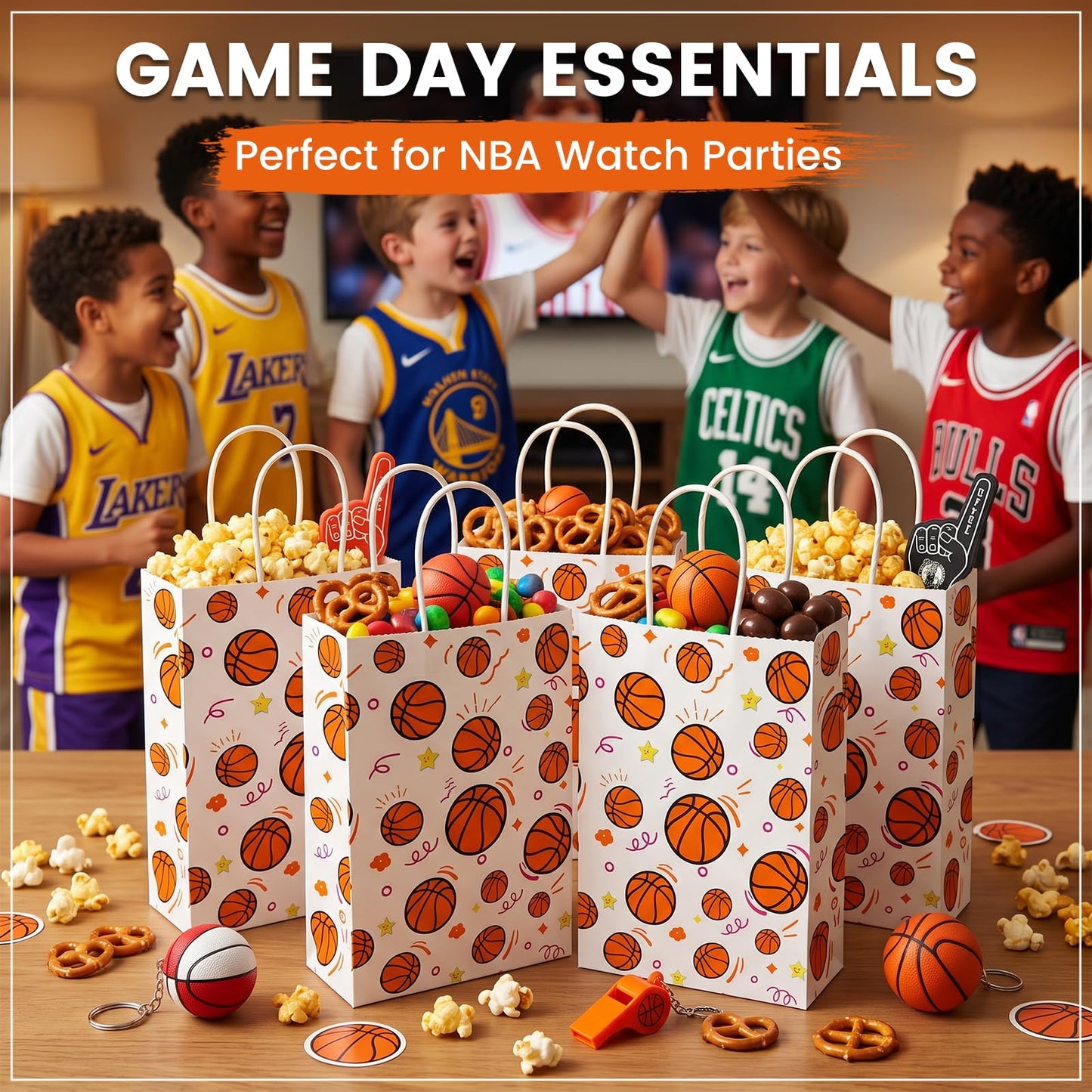 VGOODALL 24 Pack Gift Bags, 5.5" x 2.8" x 8" Basketball Party Favor Bags with Handles for Sports Themed Party Girls Boys Birthday Decoration