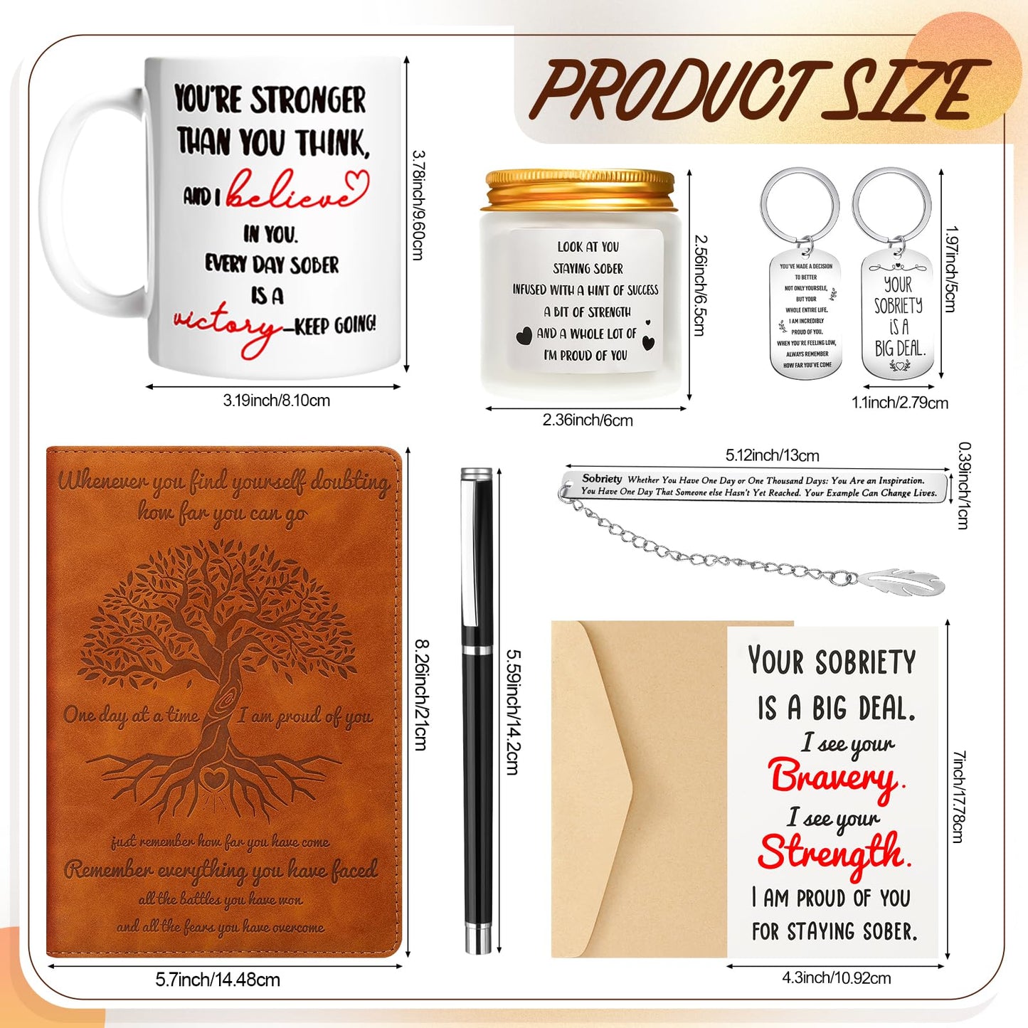 Marspark 7 Pcs Sobriety Gifts for Men Women Addiction Recovery Sober Anniversary Present Set Gifts Include Notebook Pen Candle Mug Keychain Greeting Card Bookmark