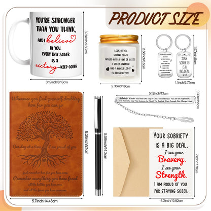 Marspark 7 Pcs Sobriety Gifts for Men Women Addiction Recovery Sober Anniversary Present Set Gifts Include Notebook Pen Candle Mug Keychain Greeting Card Bookmark