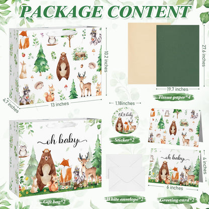 Buryeah 2 Pack 13" Large Baby Gift Bags with Tissue Paper Greeting Cards, Woodland Animal Paper Gift Wrap Bag with Handles and Envelopes for Baby Shower Birthday Party