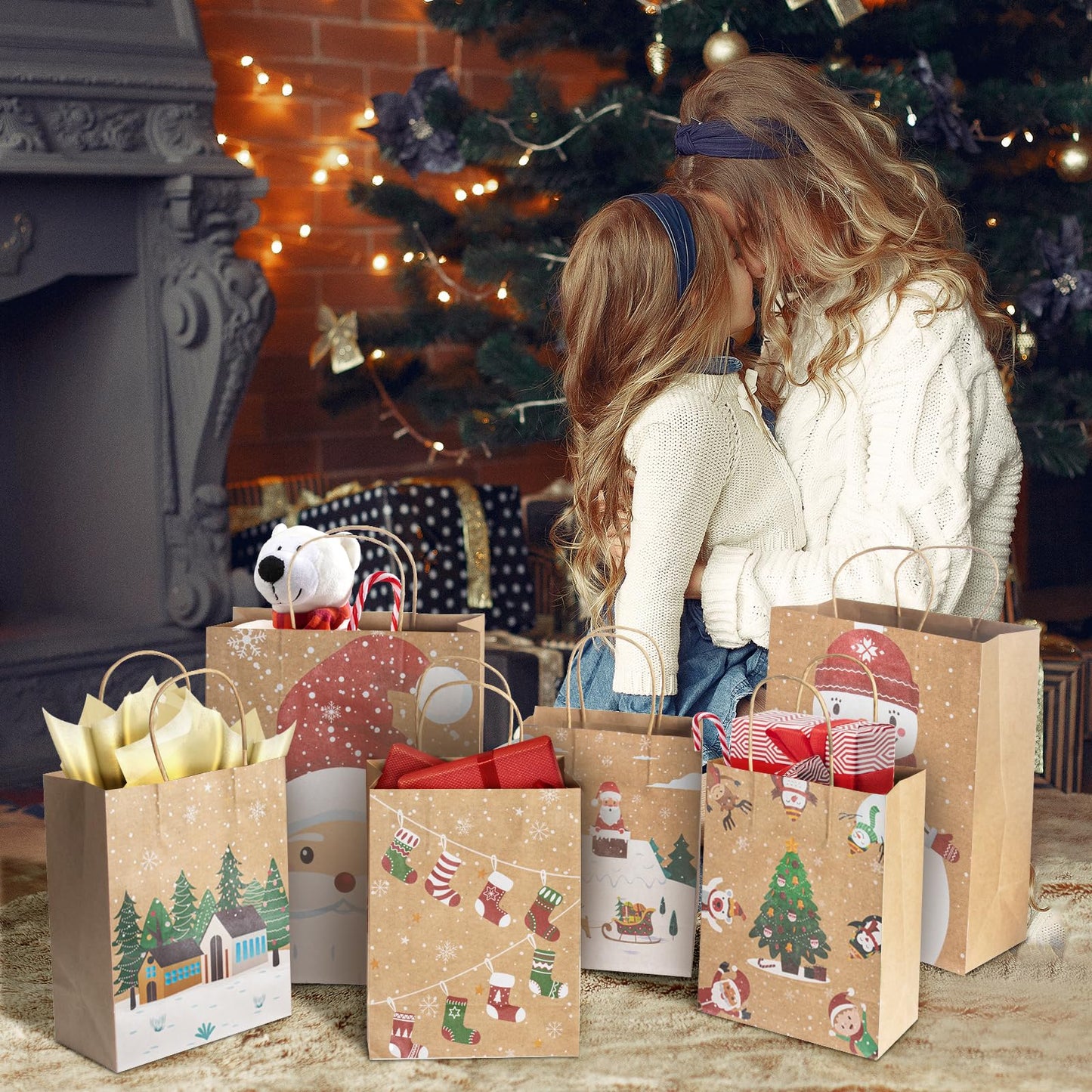 CHARMGIFTBOX Christmas Gift Bags, 24-Pack Kraft Paper Gift Bags with Handles, 12 Large 13” & 12 Medium 9” Assortment for Holiday Party Favors, Gift Wrapping, Xmas Decor