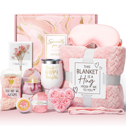 Mothers Day Birthday Gifts for Women Self Care Get Well Soon Gifts, Rose Relaxing Spa Gift Basket Thinking of You Care Package with Flannel Blanket, Unique Gift for Her Mom Wife Grandma Friend Sister