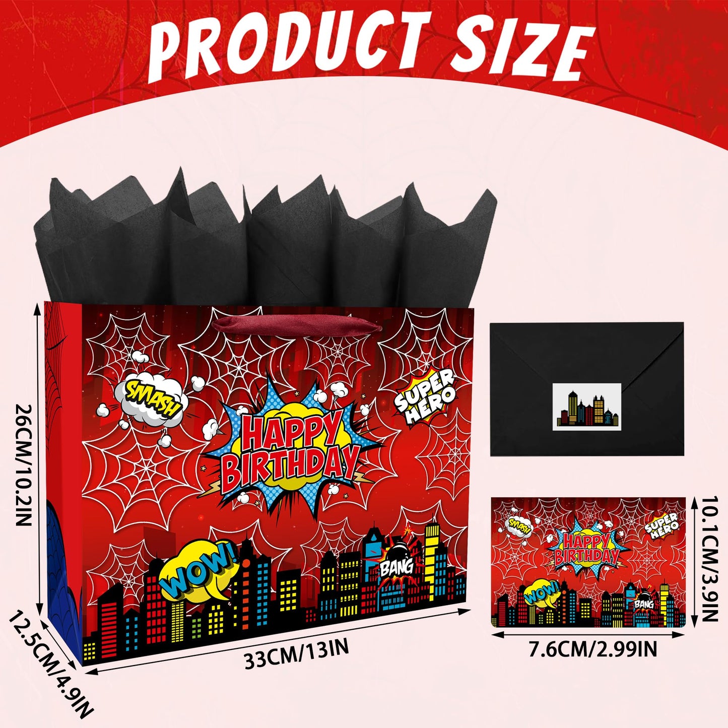 Caoekego 13" Large Spider Gift Bag (includes cards, colored paper, and stickers), Superhero Tote Gift Bag, Cartoon Spider Birthday Party Supplies