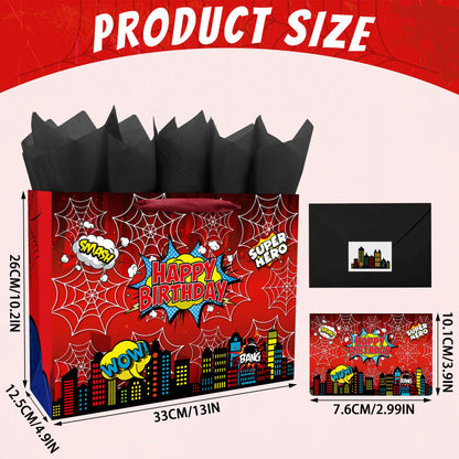 Caoekego 13" Large Spider Gift Bag (includes cards, colored paper, and stickers), Superhero Tote Gift Bag, Cartoon Spider Birthday Party Supplies