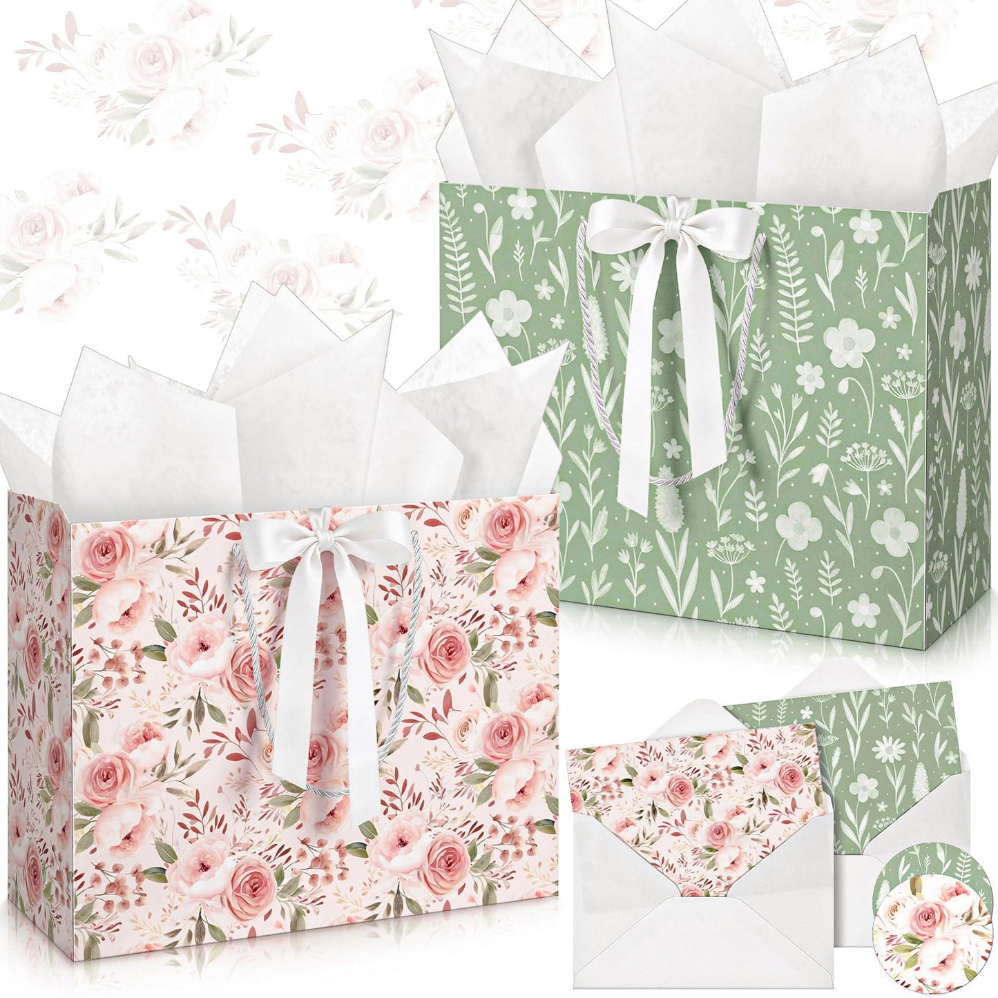 Silkfly 2 Pack Large Floral Gift Bags with Tissue Paper Ribbon Card & Envelope 13'' Flower Gift Bags for Woman Wedding Bridal Shower Baby Shower Birthday Spring Tea Party Flower Girl