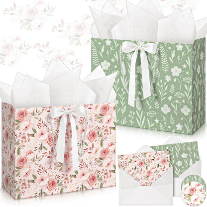 Silkfly 2 Pack Large Floral Gift Bags with Tissue Paper Ribbon Card & Envelope 13'' Flower Gift Bags for Woman Wedding Bridal Shower Baby Shower Birthday Spring Tea Party Flower Girl