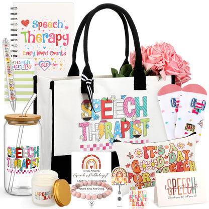 Wiwiqing 12 Pcs Speech Language Pathology Gifts for Women SLP Thank You Baskets 16 oz Tumbler Bracelet Tote Bags Scented Candle Socks SLP Appreciation Gifts for Speech Therapist Language Pathologist