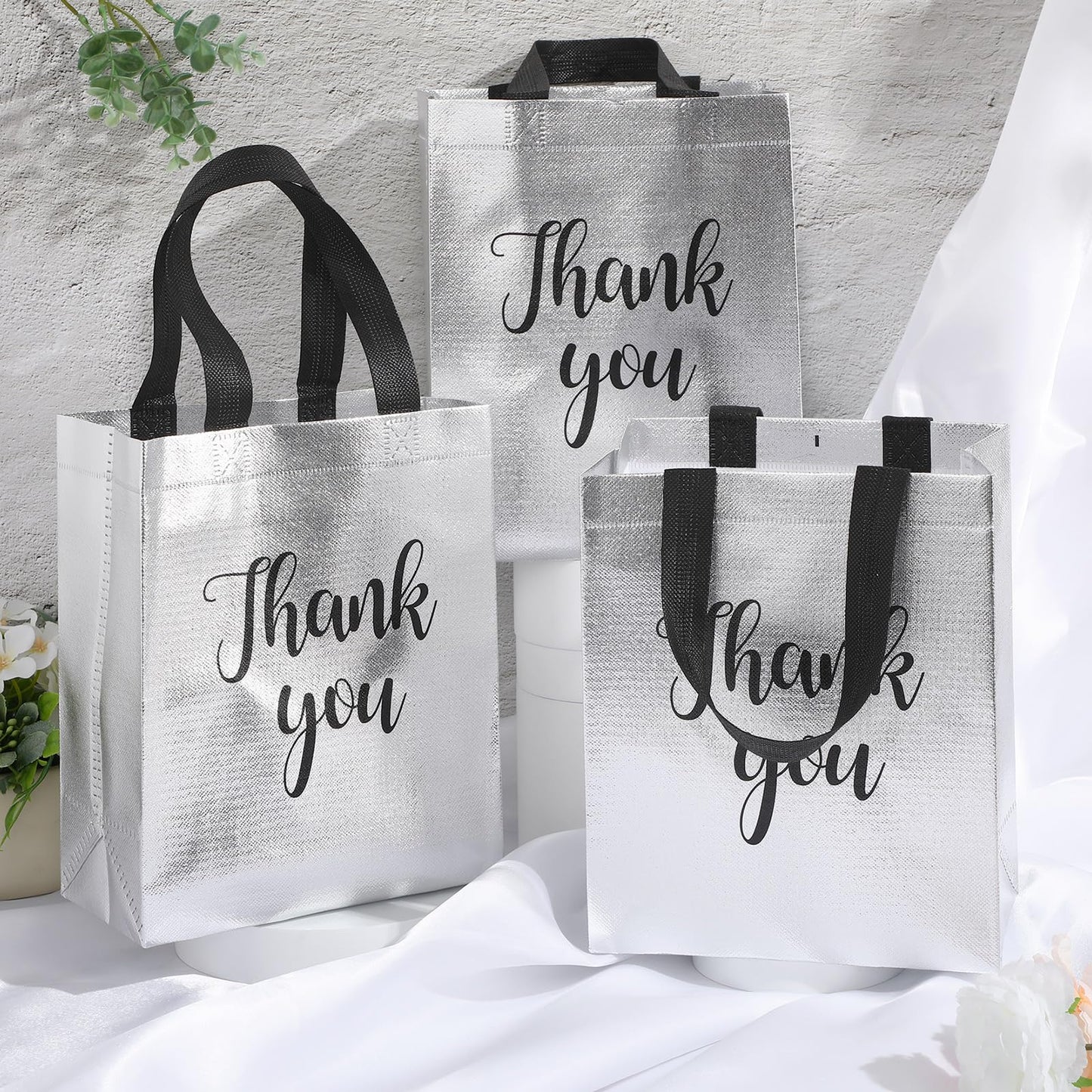 Fumete 50 Pcs Silver Glossy Thank You Gift Bag with Handles 8 x 4 x 10 Inch Non Woven Reusable Gift Bags for Graduation Fathers Day Wedding Birthday Party Engagement Anniversary Holidays