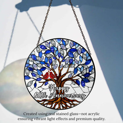 60th Wedding Anniversary Stained Glass Suncatcher, 6x6' Diamond Anniversary Decorations, 60th Celebration Marriage Gifts for Parents, Couple, Wife & Husband, 60 Wedding Milestone Keepsake