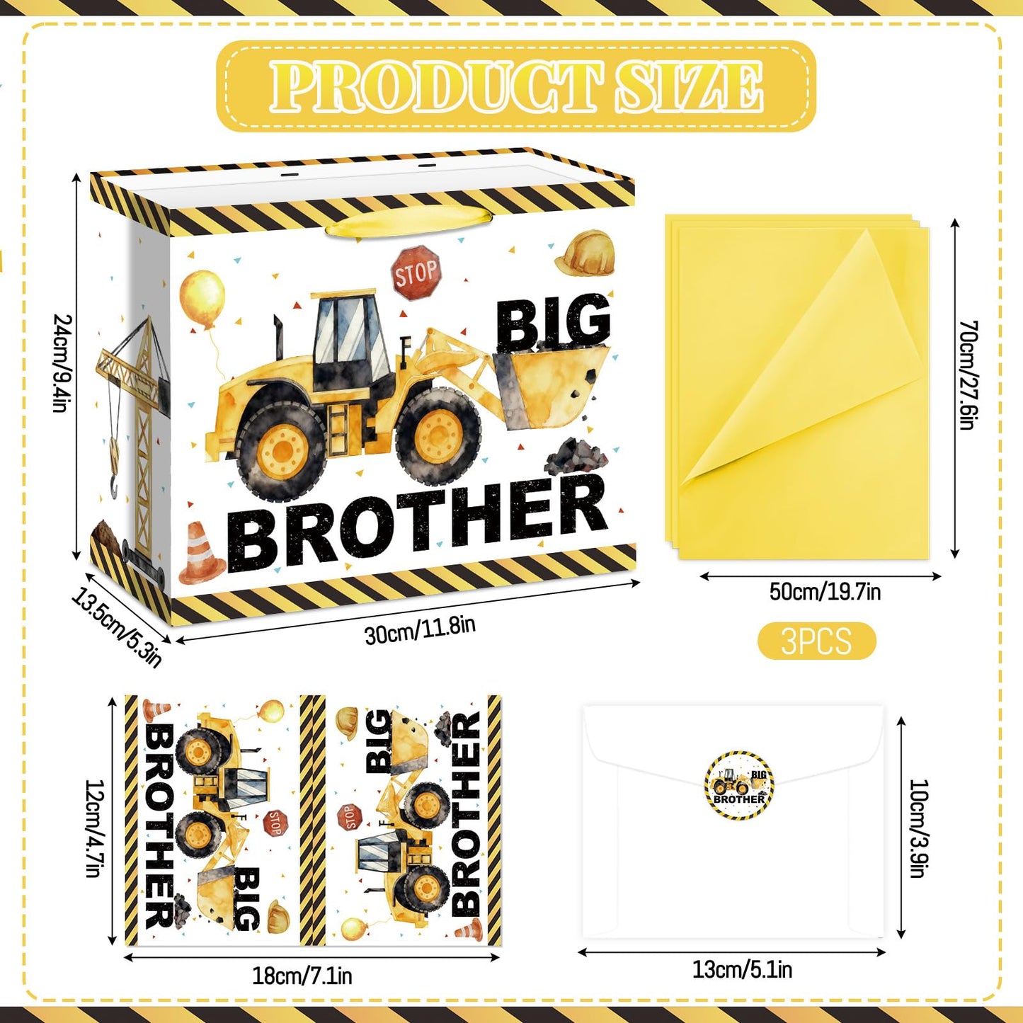 Big Brother Gift Bag for Boys Big Bro Birthday Gift Bag with Wrapping Paper Card Sticker Envelope Construction Gifts for Little Boy Son Grandson Nephew New Baby Birthday Party Decorations Supplies