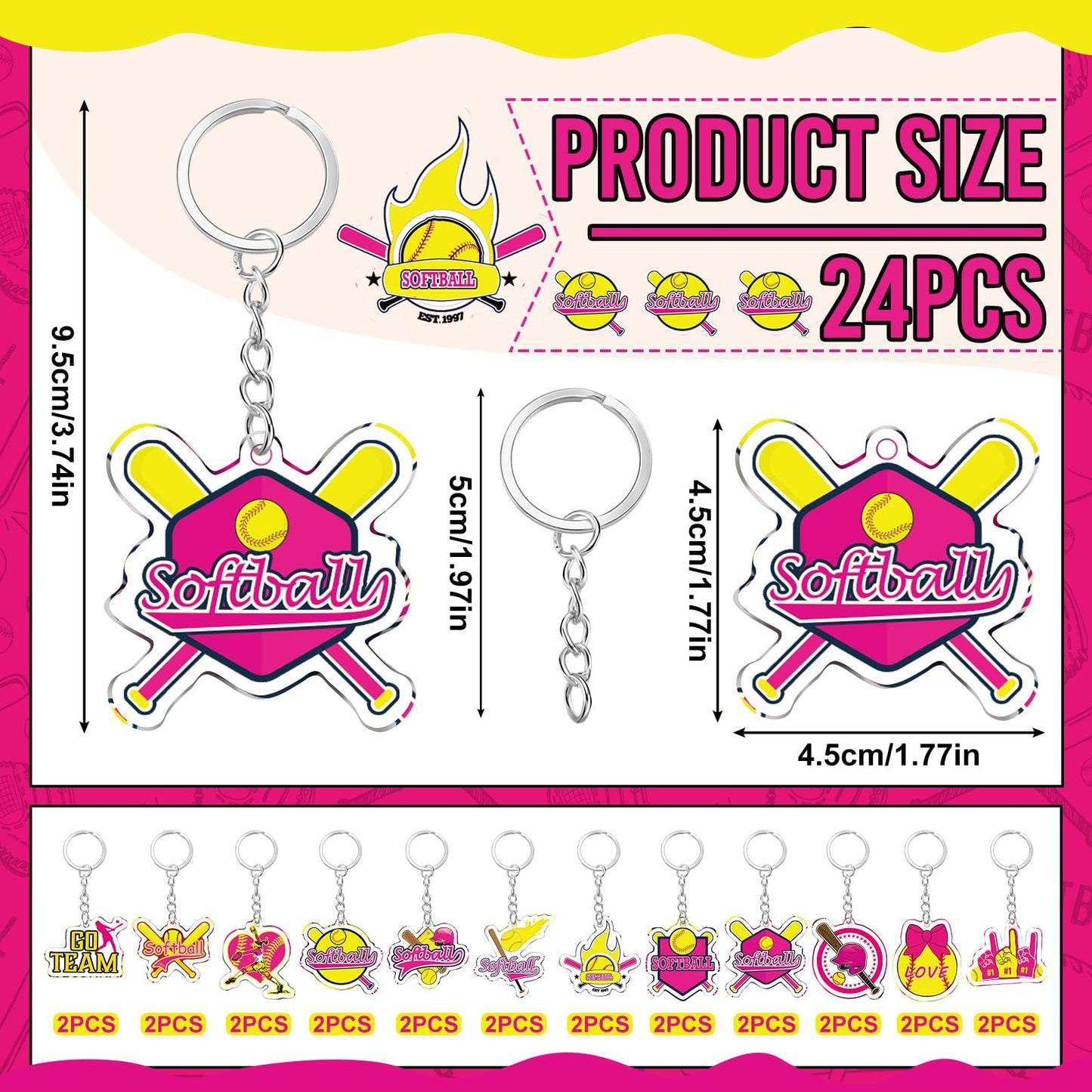 Tondiamo 24 Pcs Softball Acrylic Keychain Gifts Bulk Pink Acrylic Softball Sports Ball Keychain Gifts Go Team Key Ring for Women Men