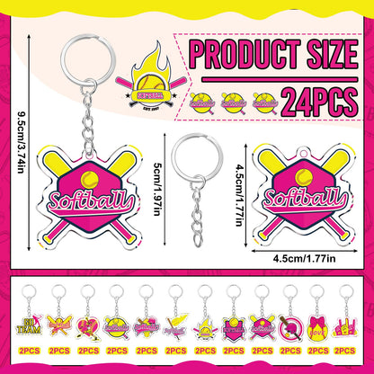 Tondiamo 24 Pcs Softball Acrylic Keychain Gifts Bulk Pink Acrylic Softball Sports Ball Keychain Gifts Go Team Key Ring for Women Men