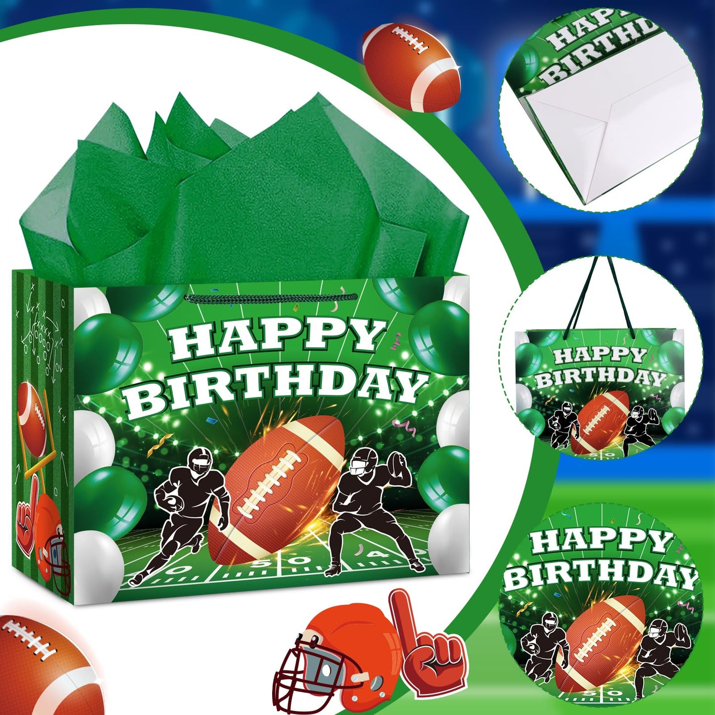 Hooqict Football Gift Bag Football Birthday Party Gift Wrapping Bag with Tissue Paper and Greeting Card for Boys Men Sport Birthday Football Bag Goodie Treat Party Favors