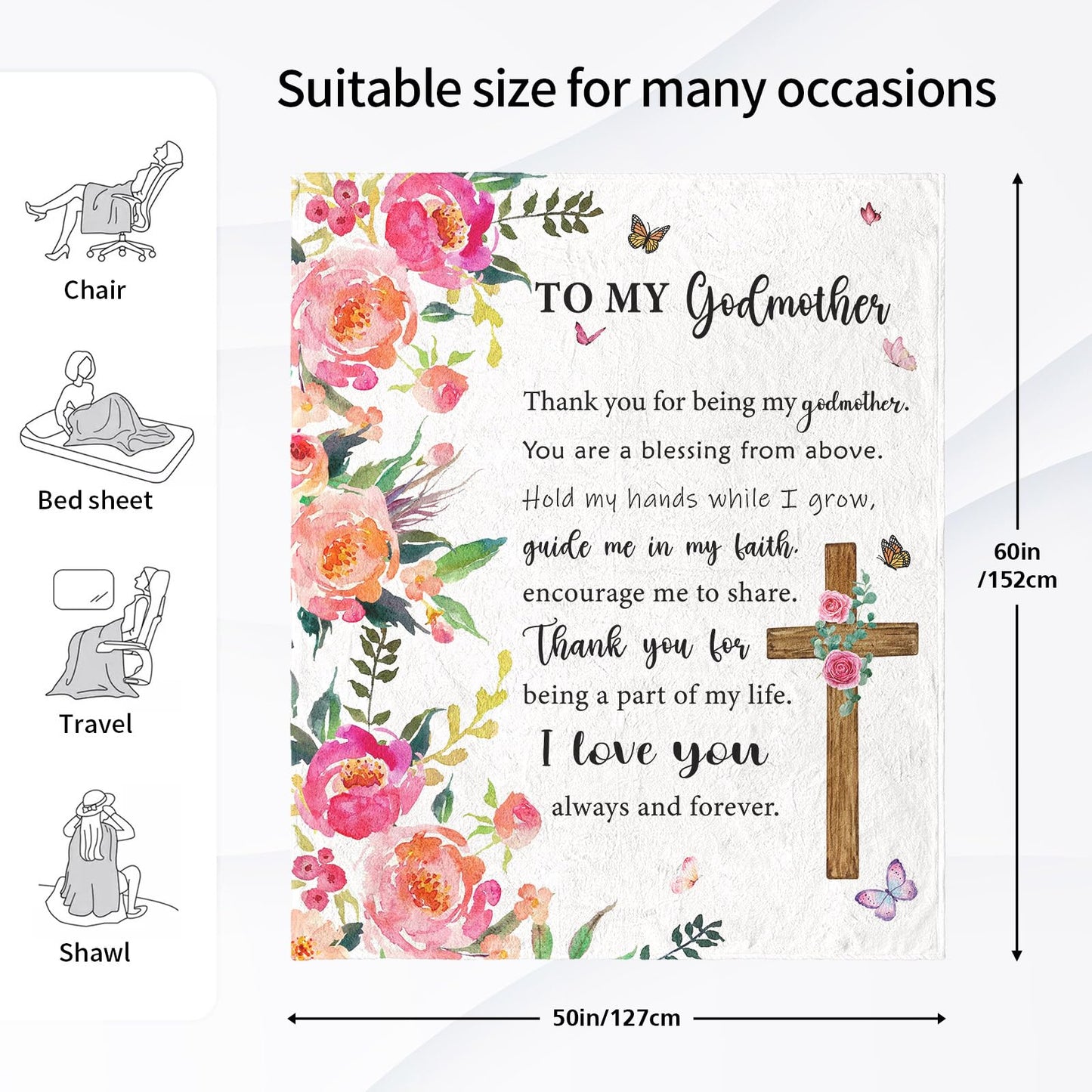 Mothers Day Godmother Gifts, Godmother Birthday Gift from Godchild, God Mother Gifts for Women, Christian Gifts for Godmother from Goddaughter or Godson, Baptism Gifts Throw Blanket 60 x 50 Inch