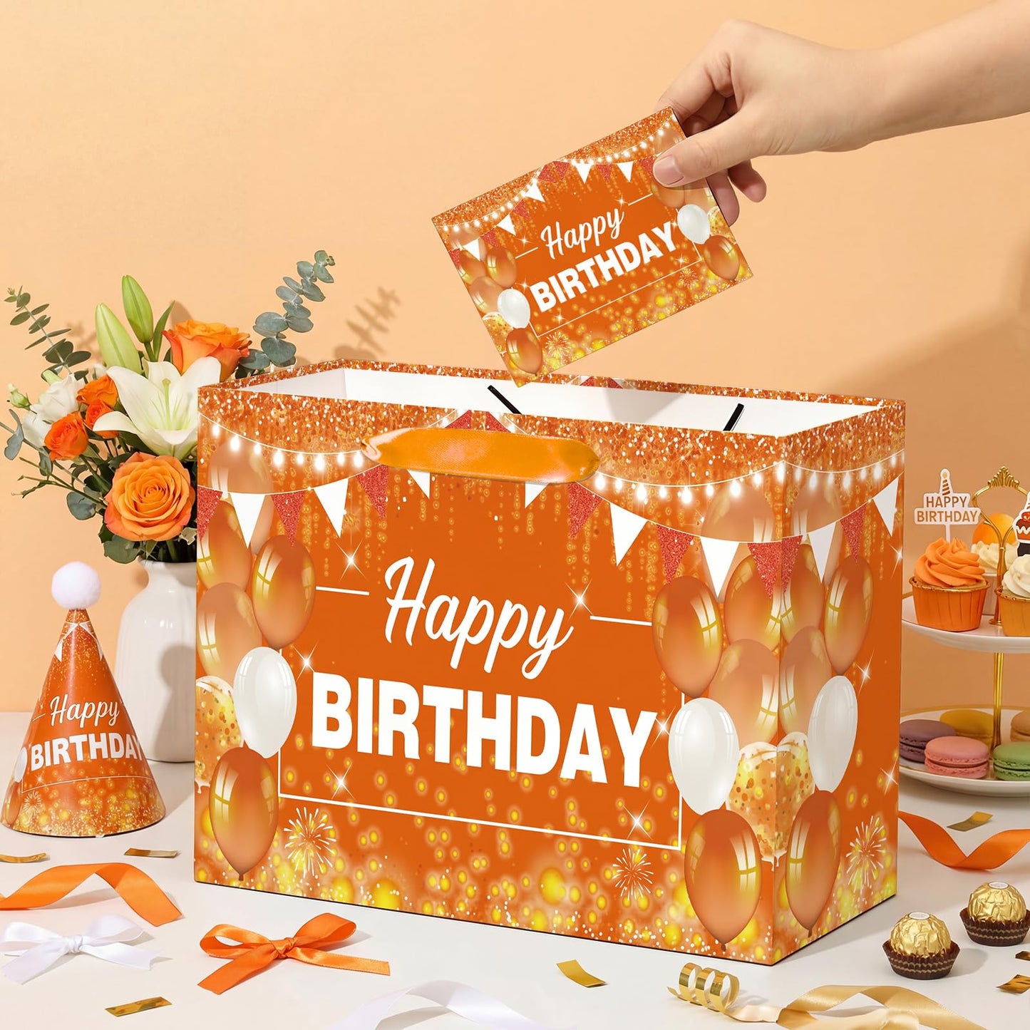 Orange Birthday Gift Bag with Tissue Paper and Card Orange Birthday Wrapping Paper Bag for Baby Shower Graduation Mother's Day Fall Thanksgiving Halloween Party Favors Bag Bday Decorations Supplies