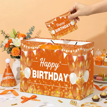 Orange Birthday Gift Bag with Tissue Paper and Card Orange Birthday Wrapping Paper Bag for Baby Shower Graduation Mother's Day Fall Thanksgiving Halloween Party Favors Bag Bday Decorations Supplies