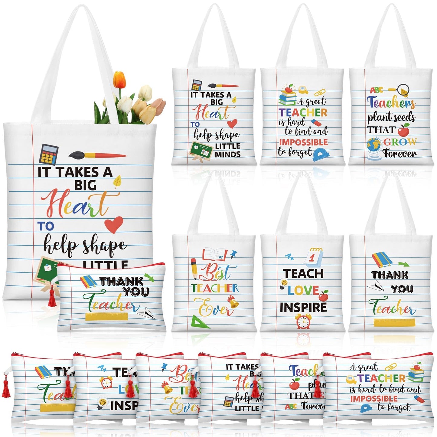 Paterr 12 Pcs Teacher Appreciation Gift Basket Filler Canvas Teacher Tote Bag Makeup Bag for Graduation School Classroom Gift