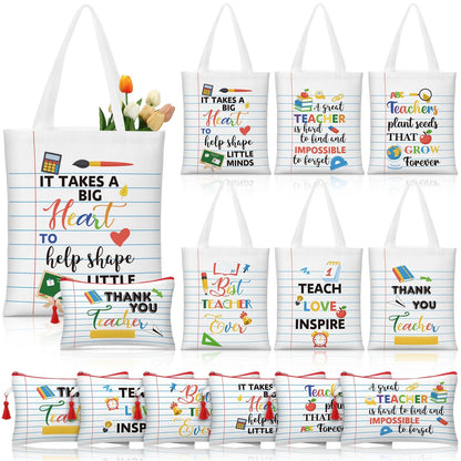 Paterr 12 Pcs Teacher Appreciation Gift Basket Filler Canvas Teacher Tote Bag Makeup Bag for Graduation School Classroom Gift