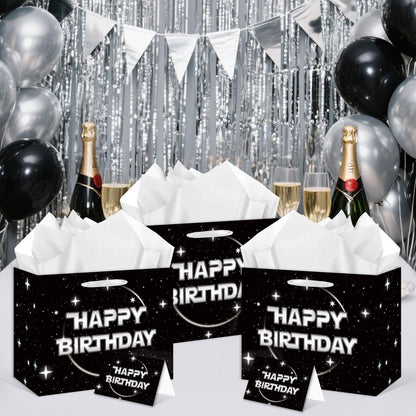 Anyangzhao Space Galaxy Birthday Gift Bag, Black Happy Birthday Gift Bag, with Greeting Card and Tissue Paper, Galaxy Party Favors Bag for Kids, Boys, Baby Shower, Star Theme Party Supplies