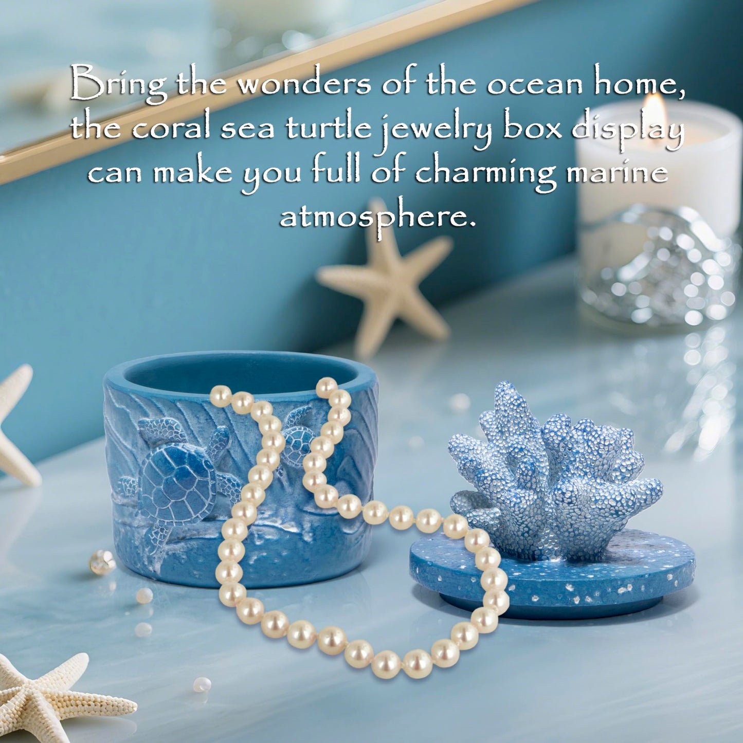 Hodao Ocean Crafts Sea Turtle & Octopus Resin Jewelry Box with Coral Lid - Handmade Organizer for Rings Earrings Necklaces, Blue/White, Ocean-Themed Storage Case Decor Gifts For Women (Blue-Turtle)