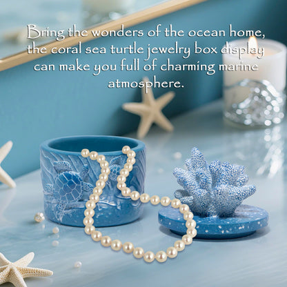 Hodao Ocean Crafts Sea Turtle & Octopus Resin Jewelry Box with Coral Lid - Handmade Organizer for Rings Earrings Necklaces, Blue/White, Ocean-Themed Storage Case Decor Gifts For Women (Blue-Turtle)
