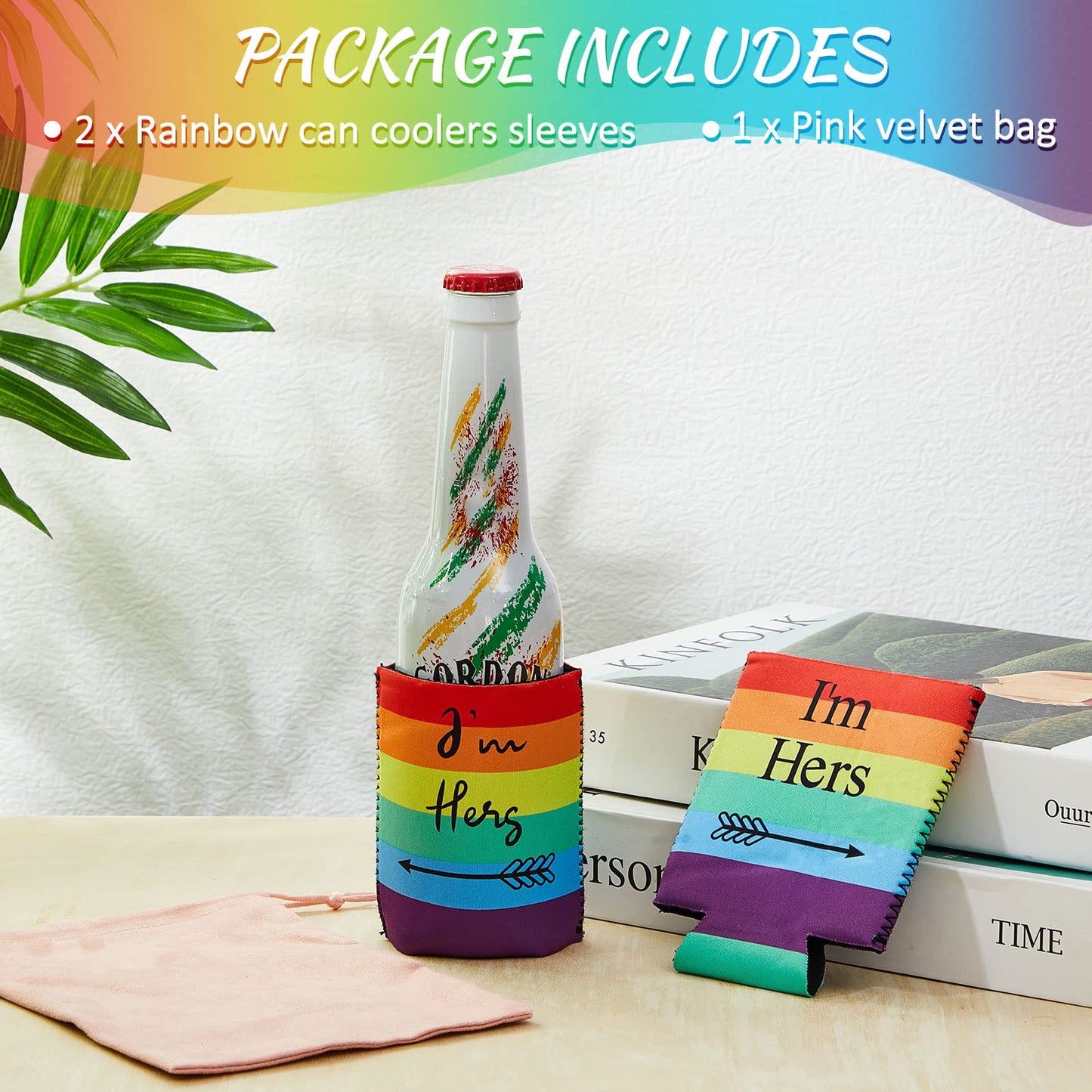 3 Pcs Lesbian Engagement Gift Lesbian Couple Wedding Present Idea Rainbow Neoprene Can Coolers Sleeves with Pink Velvet Bags for Gay LGBT Wedding Bachelorette Engagement Party Decorations