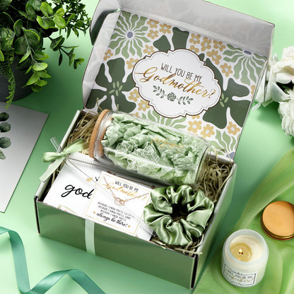 6 Pcs Godmother Proposal Gift Set, Will You Be My Godmother Gift Box, 16oz Glass Cup, Necklace & Scented Candle from Godchild for Baptism Mother’s Day Birthday(English,Sage Green)