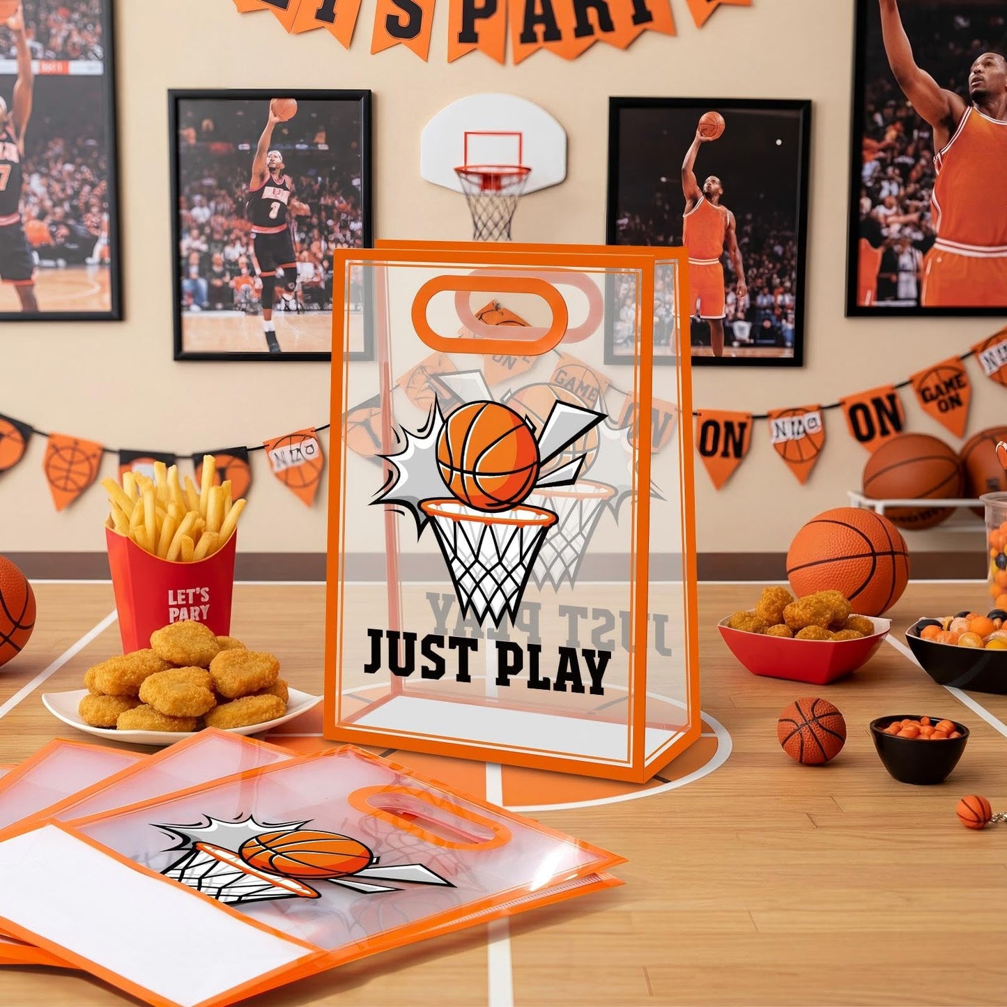 Aliceset 12 Pcs Basketball Clear Goodie Bag with Die Cut Handles and Ribbons Sport Theme Party Favor Bags for Basketball Team Snack Wrapping Teamer Gifts Birthday Party Treats Supplies, 7x10x3.15 Inch