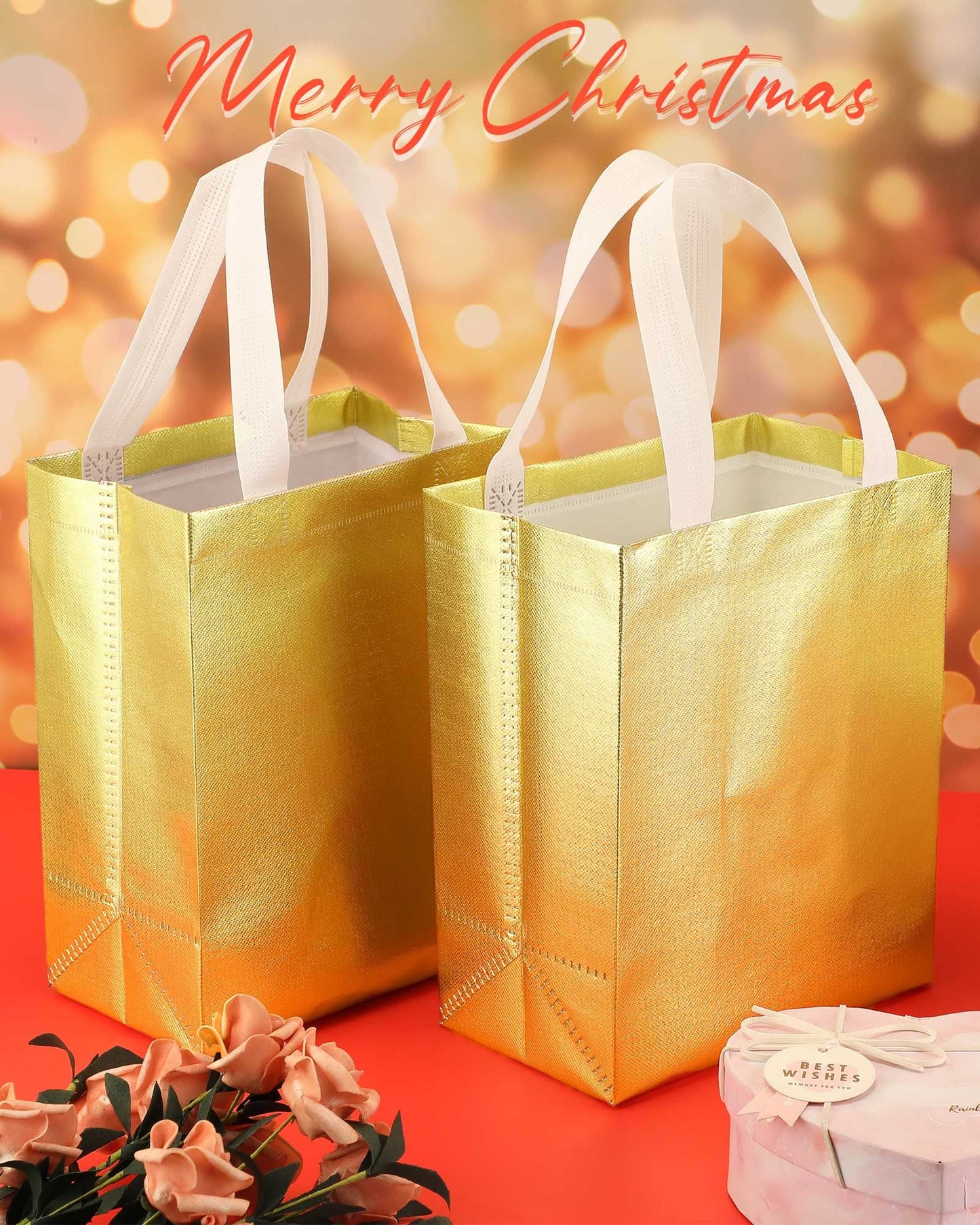 Eccliy 80 Pcs Reusable Gift Bags Set Glossy Grocery Gift Tote Bag with Hadnle for Wedding, Father's Day, Graduation, Summer Event (10 x 8 x 4.7 Inch,Gold)