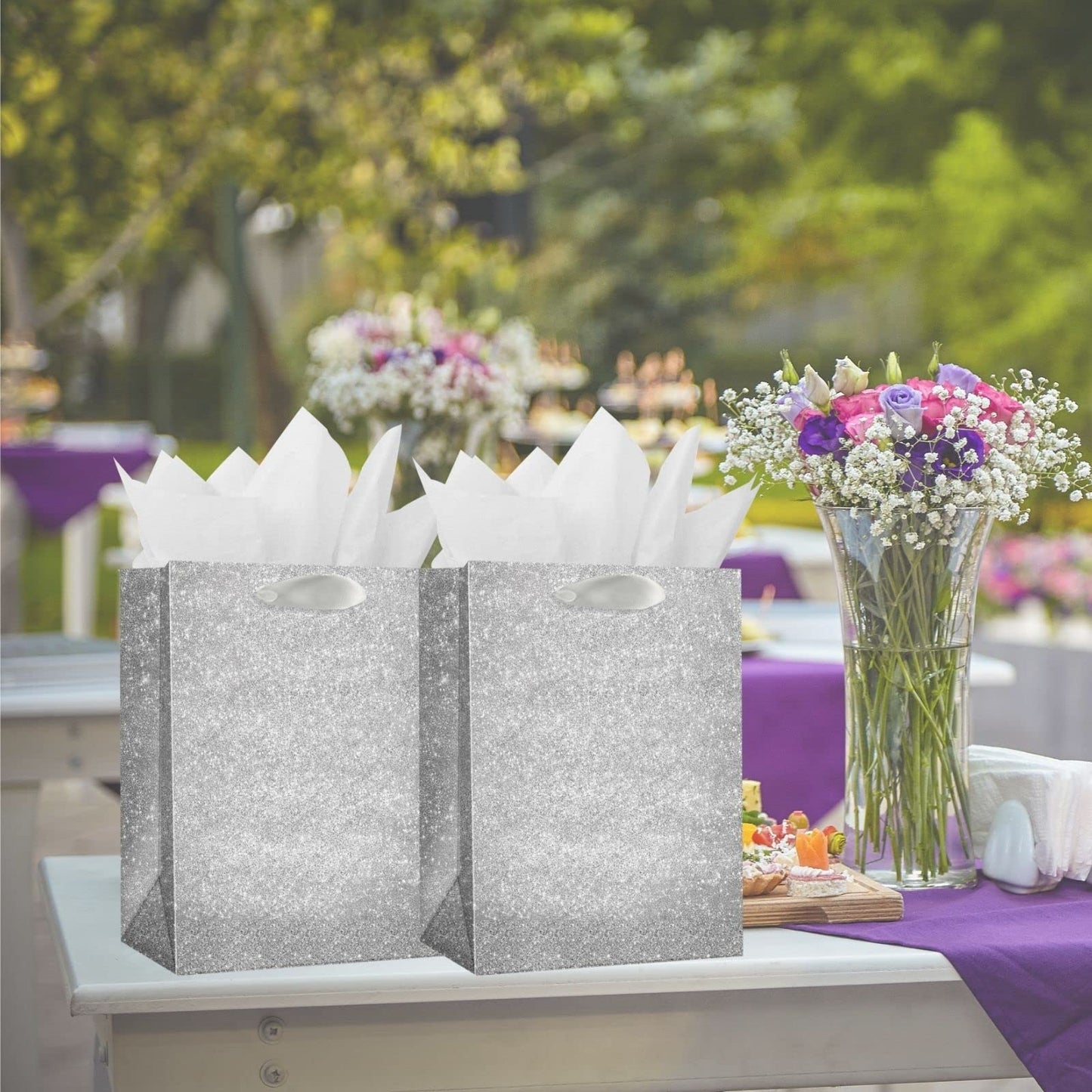 UNIQOOO 12Pcs Embossed Silver Glitter Christmas Gift Bags with 24 Tissue Paper Bulk, M 9x7 Inch, Xmas Silver Gift Wrap Bags, Wedding Bridal Baby Shower Favor Bag Gift Packaging, Birthday Holiday Party