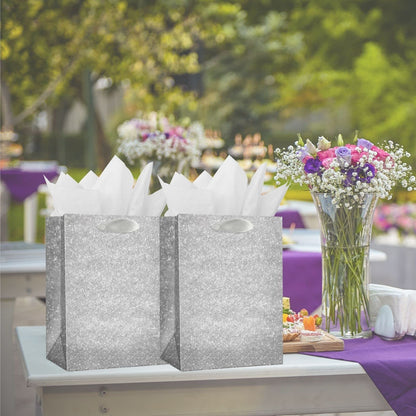 UNIQOOO 12Pcs Embossed Silver Glitter Christmas Gift Bags with 24 Tissue Paper Bulk, M 9x7 Inch, Xmas Silver Gift Wrap Bags, Wedding Bridal Baby Shower Favor Bag Gift Packaging, Birthday Holiday Party