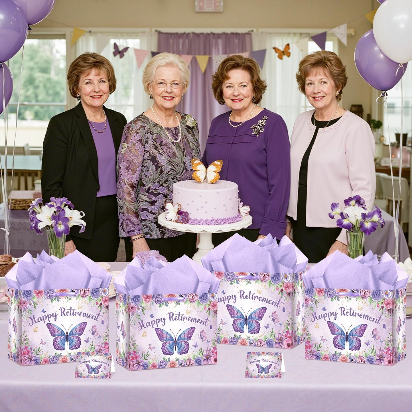 Purple Retirement Gift Bag for Women Butterfly Retirement Wrapping Paper Bag with Tissue Paper and Card Retired Gifts for Women Purple Retired Decorations Supplies for Going Away Farewell Party