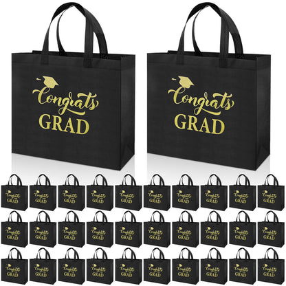 Sweetude 50 Pcs Graduation Gift Bags Bulk with Handles Reusable Congrats Grad Non Woven Tote Bags 12 x 11 x 5 Inches Black and Gold Graduation Party Favors for College High School Party Supplies