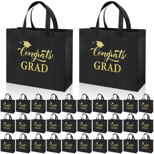 Sweetude 50 Pcs Graduation Gift Bags Bulk with Handles Reusable Congrats Grad Non Woven Tote Bags 12 x 11 x 5 Inches Black and Gold Graduation Party Favors for College High School Party Supplies