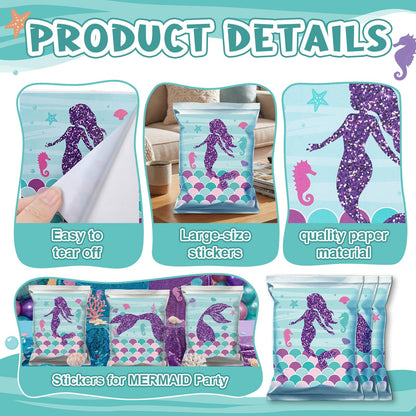 Marspark 36 Pcs Large Size Mermaid Birthday Stickers for Chip Bag 3 Style Mermaid Sticker Party Supplies for Ocean Under the Sea Birthday Snack Goodie Bags Gifts and Decorations, 4 x 3.5 Inches