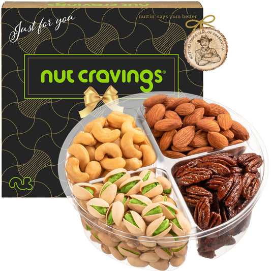 NUT CRAVINGS - Fathers Day Treats, Gift For Dad, Mixed Nuts Gift Basket in Black Gold Box (4 Assortments) Treats for Adults, Food Arrangement, Healthy Snack Care Package, Kosher