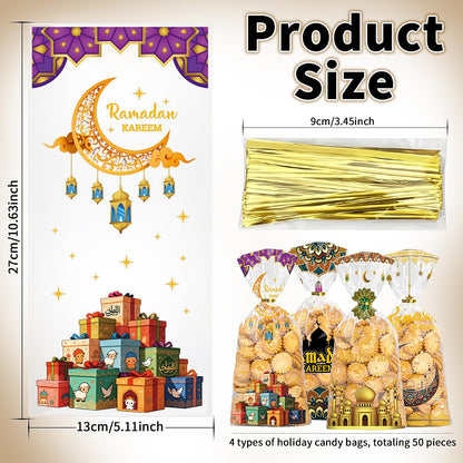 Totelux Eid Mubarak Cellophane Goodie Bags Clear Plastic Bag Ramadan kareem Treat Bags with Ties for Cookies Candy Gift Wrapping Muslim Eid Party Favor Supplies 50PCS