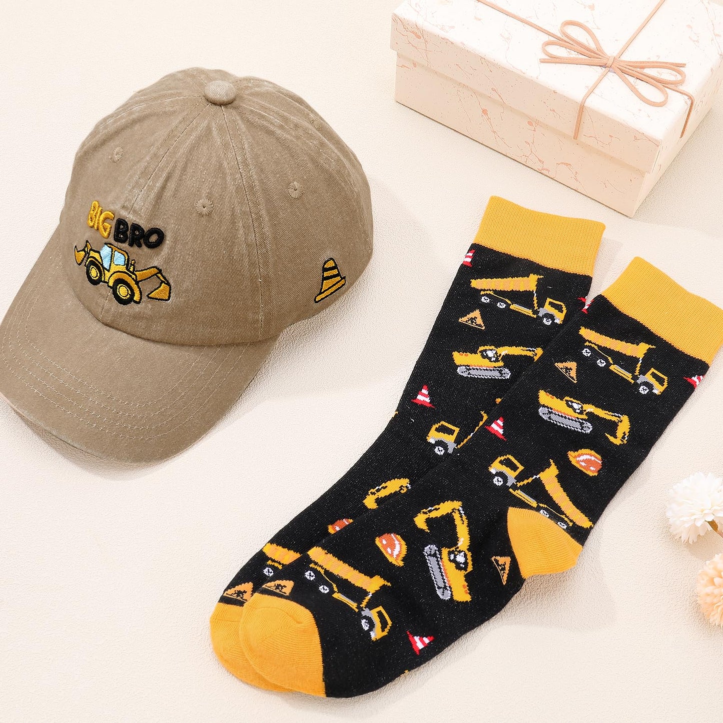 2 Pack Promoted to Big Brother Gifts for Boy Toddler, Includes 1 Big Brother Baseball Hat Toddler with Excavator Design 1 Pair Baby Boy Tractor Socks Light Khaki