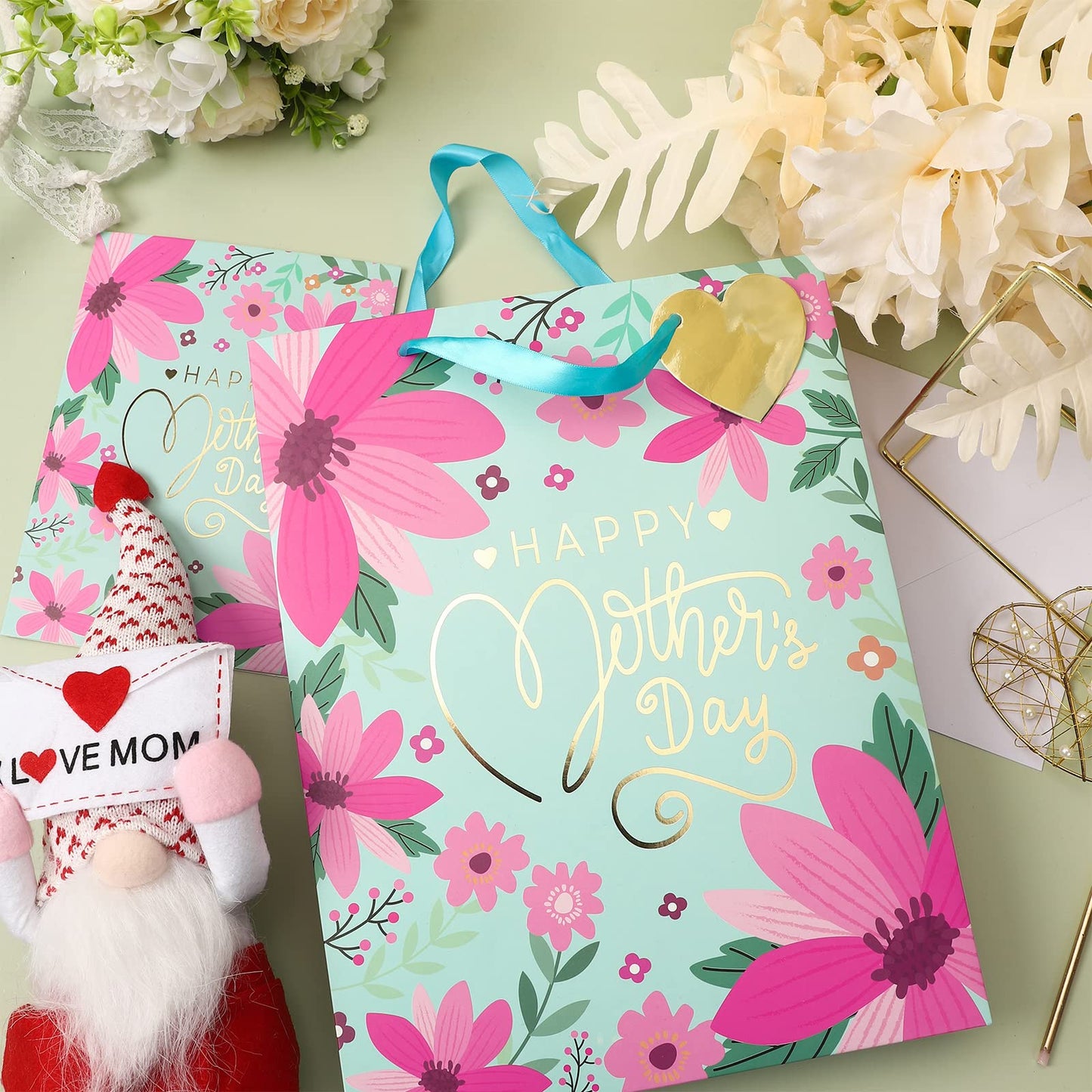 WRAPAHOLIC 13" Large Mother's Day Gift Bag with Card and Tissue Paper - Floral & Gold Foil Happy Mother's Day Lettering