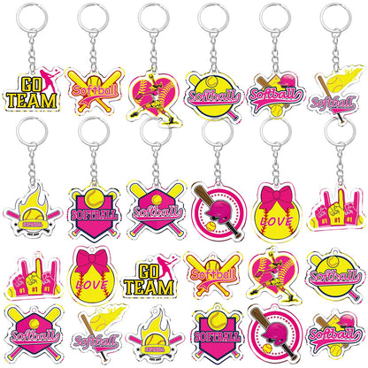 Tondiamo 24 Pcs Softball Acrylic Keychain Gifts Bulk Pink Acrylic Softball Sports Ball Keychain Gifts Go Team Key Ring for Women Men