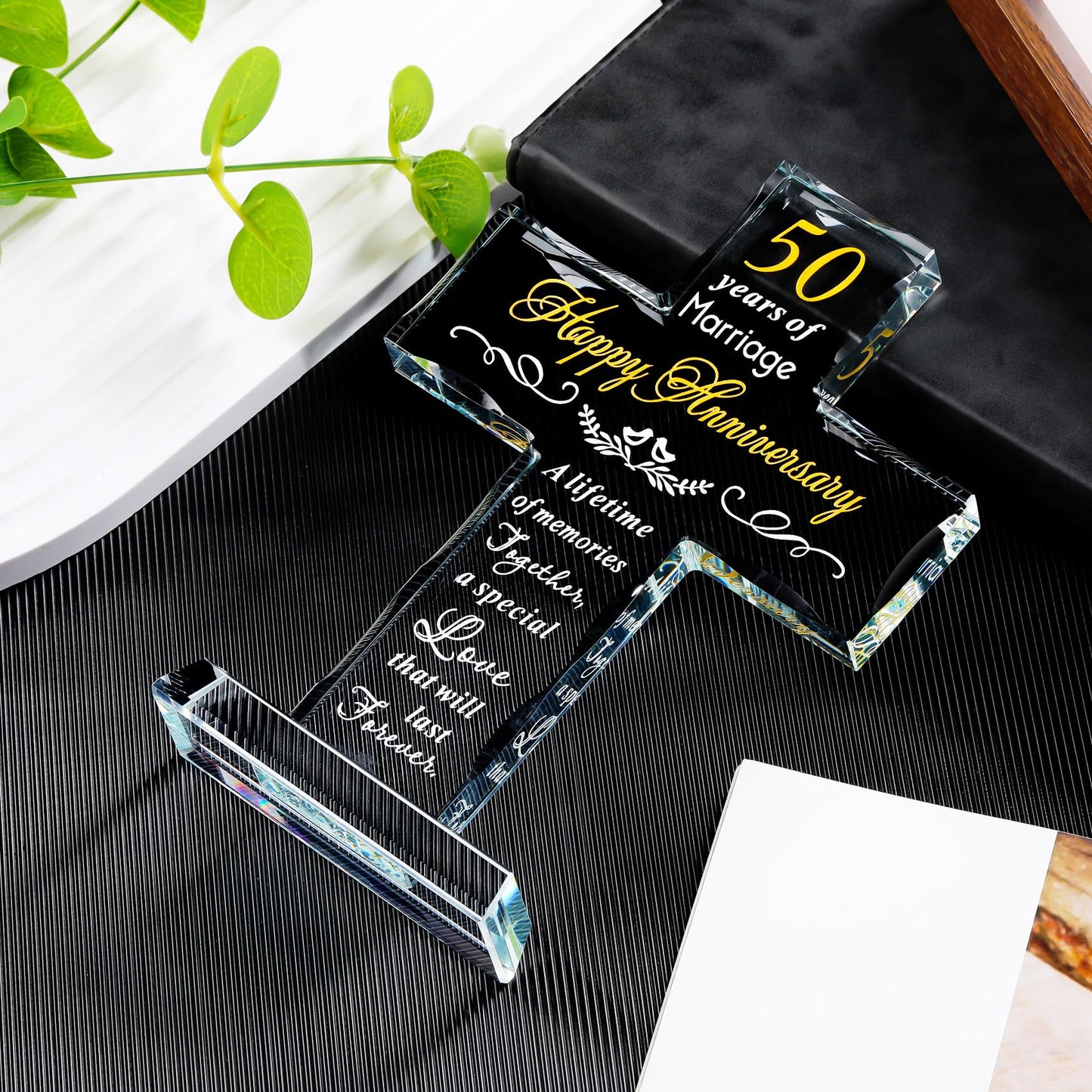 YWHL 50th Wedding Anniversary Religious Cross Gifts for Women Men, 50 Year Anniversary Romantic Gift for Him Her, Laser Engraved Glass Standing Cross Keepsake for Couple, 50 Years of Marriage Present