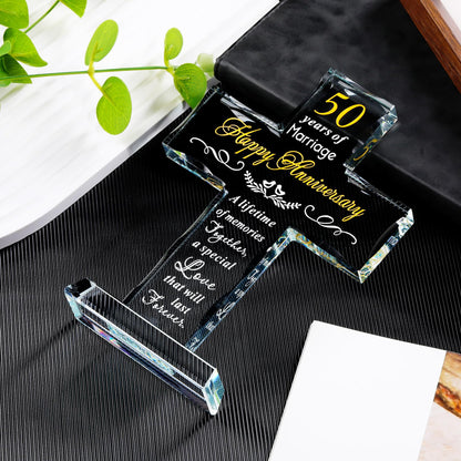 YWHL 50th Wedding Anniversary Religious Cross Gifts for Women Men, 50 Year Anniversary Romantic Gift for Him Her, Laser Engraved Glass Standing Cross Keepsake for Couple, 50 Years of Marriage Present