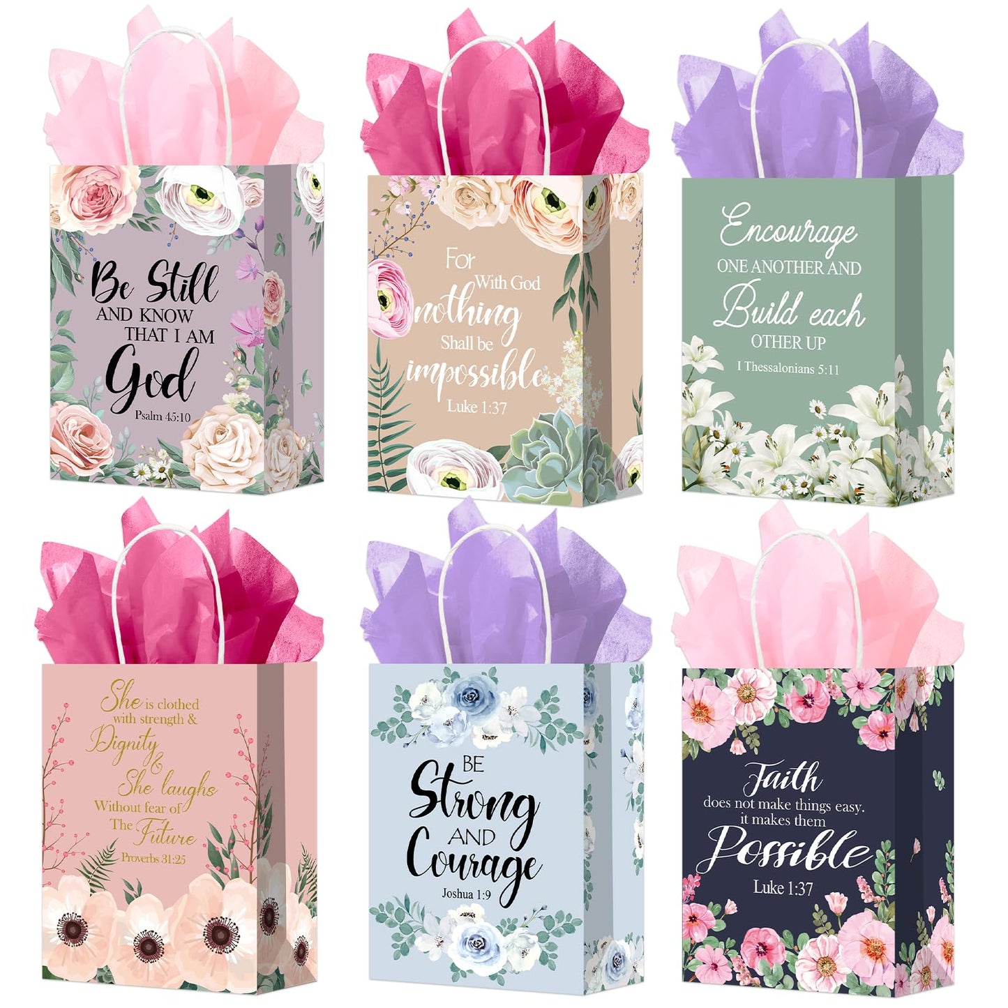 24Pcs Religious Christian Gift Bags Spring Classic Bible Verse Floral Paper Bags Inspirational Motivational Flower Treat Bag with Tissues Christian Church Gifts for Women Wedding Baptism Birthday Part