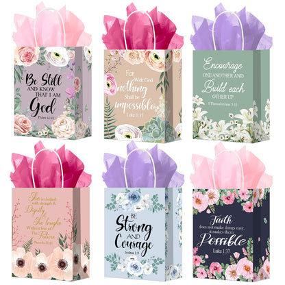 24Pcs Religious Christian Gift Bags Spring Classic Bible Verse Floral Paper Bags Inspirational Motivational Flower Treat Bag with Tissues Christian Church Gifts for Women Wedding Baptism Birthday Part